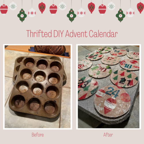 before and after of a muffin tin into a diy advent calendar