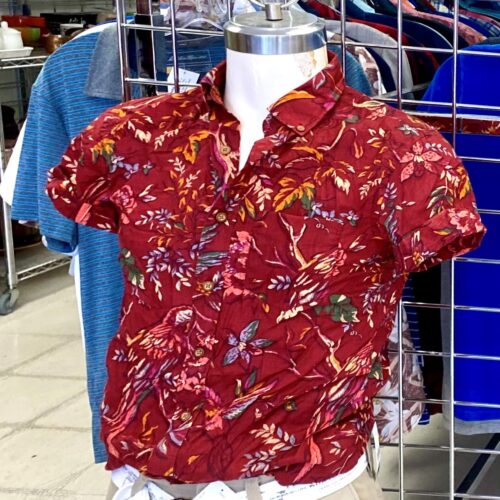 Mens Red Tropical Button up Shirt with bold print e1715189879839